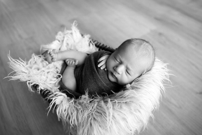 Newborn baby tucked up warm in a prop basket with faux fur throw